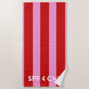 'SPF & Chill' Fun Summer Red And Pink Striped Beach Towel