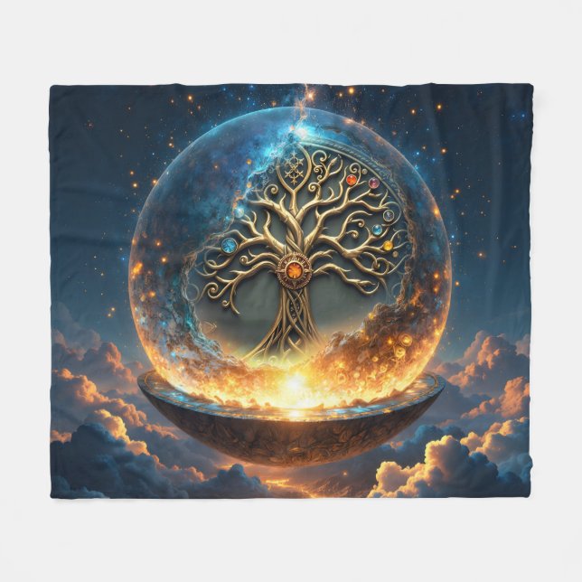 Sphere of Life – The Golden World Tree.  Fleece Blanket (Front (Horizontal))