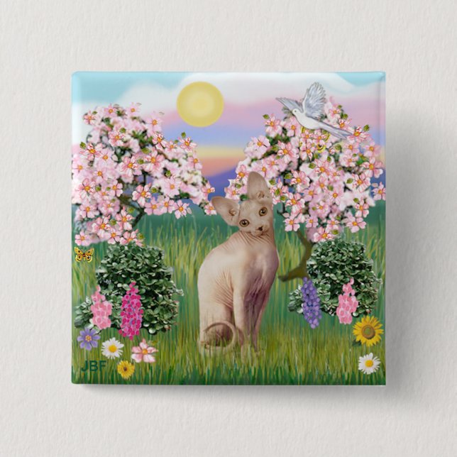 Sphynx Cat 1- Blossoms 2 Inch Square Button (Front)