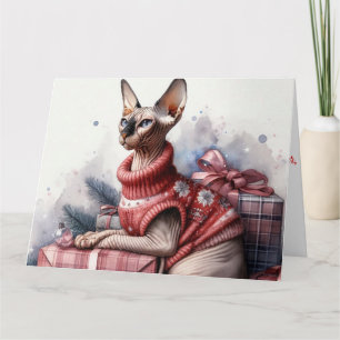 Sphynx Cat Art Christmas Watercolor Xmas Card