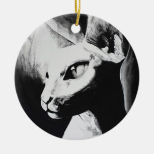 Sphynx Cat Black White Contrast Kitty Portrait Art Ceramic Ornament