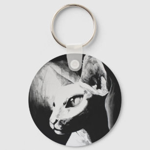 Sphynx Cat Black White Contrast Kitty Portrait Art Keychain