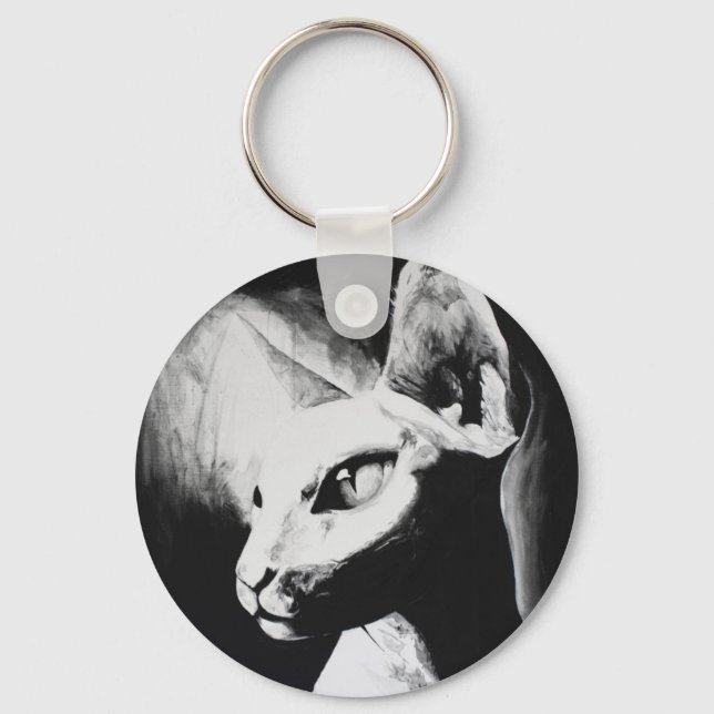 Sphynx Cat Black White Contrast Kitty Portrait Art Keychain (Front)