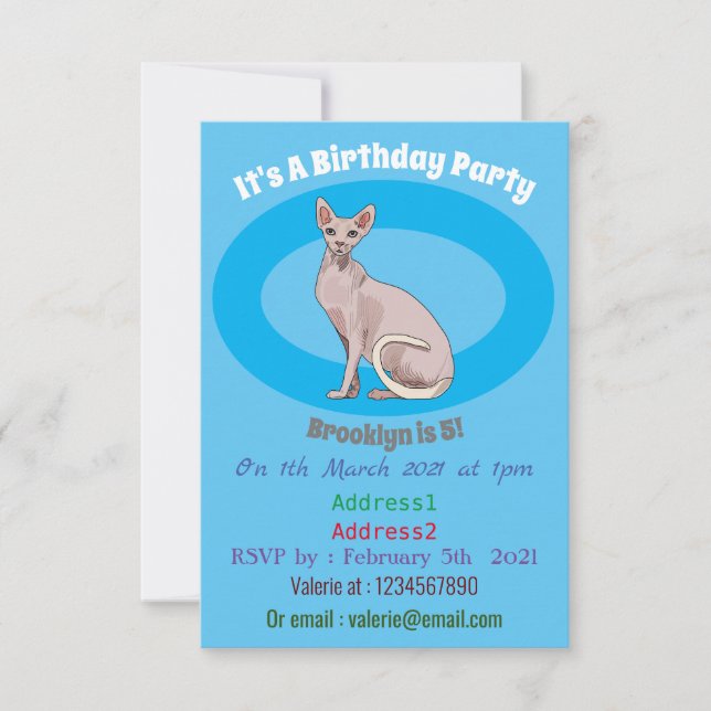 Sphynx cat cartoon illustration invitation (Front)