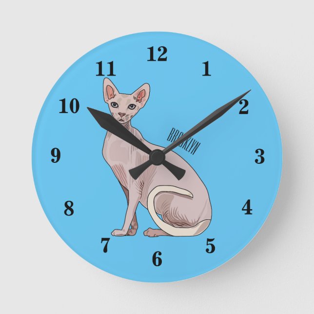 Sphynx cat cartoon illustration round clock (Front)