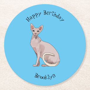 Sphynx cat cartoon illustration round paper coaster