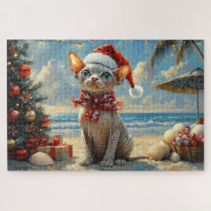Sphynx Cat Christmas Vintage Beach Jigsaw Puzzle