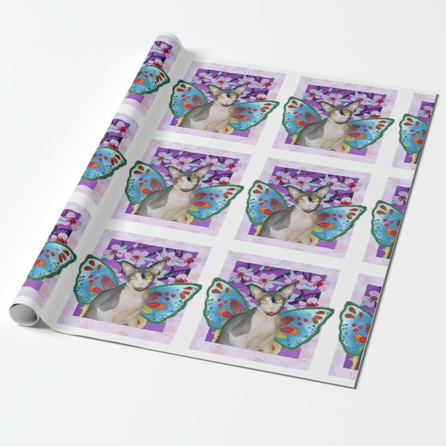 Sphynx Cat Fairy Angel Flower Art Craft white Wrapping Paper (Unrolled)
