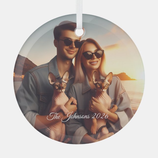 Sphynx Cat Family Pet Custom Photo Christmas Glass Ornament (Front)