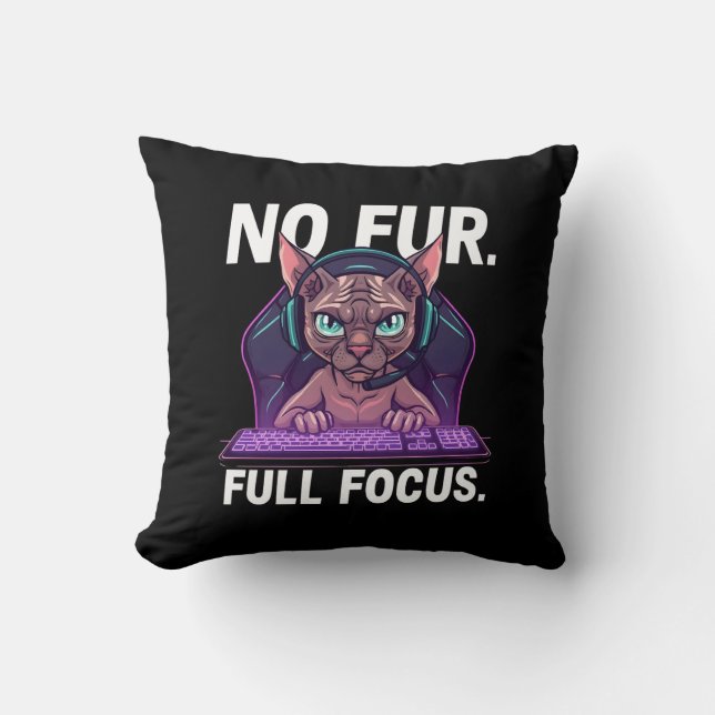 Sphynx Cat Gamer Full Focus Neon Art Throw Pillow (Front)
