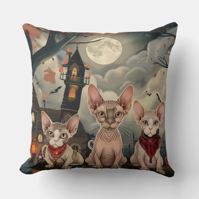 Sphynx Cat Halloween Spooky Throw Pillow (Front)