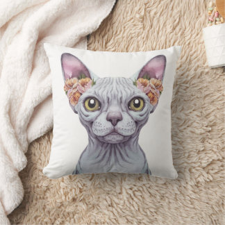Sphynx Cat Hearing Flowers Throw Pillow