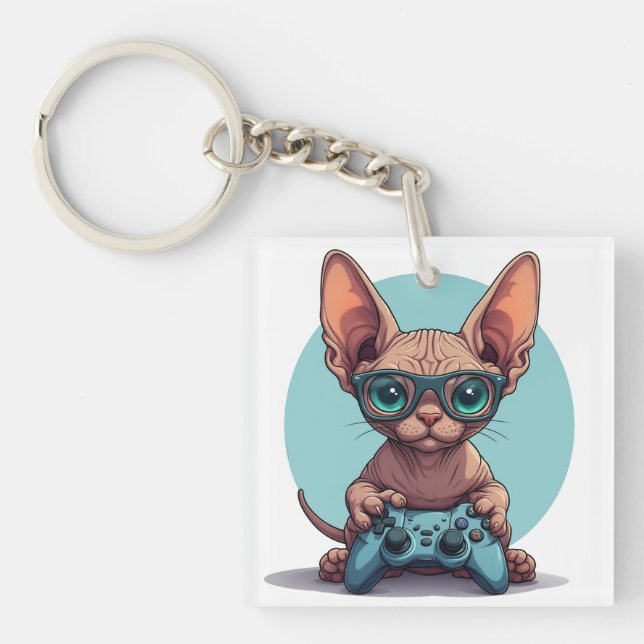 Sphynx Cat Holding Game Controller Keychain (Front)