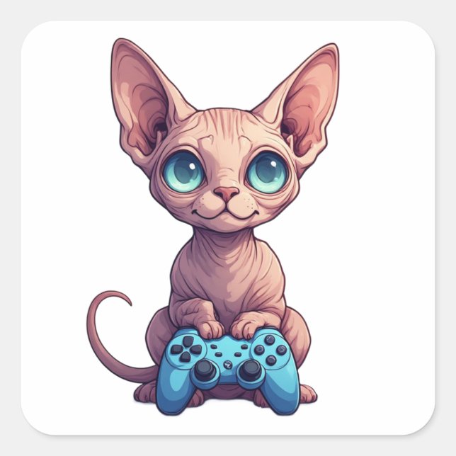 Sphynx Cat Holding Game Controller Square Sticker (Front)