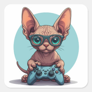 Sphynx Cat Holding Game Controller Square Sticker