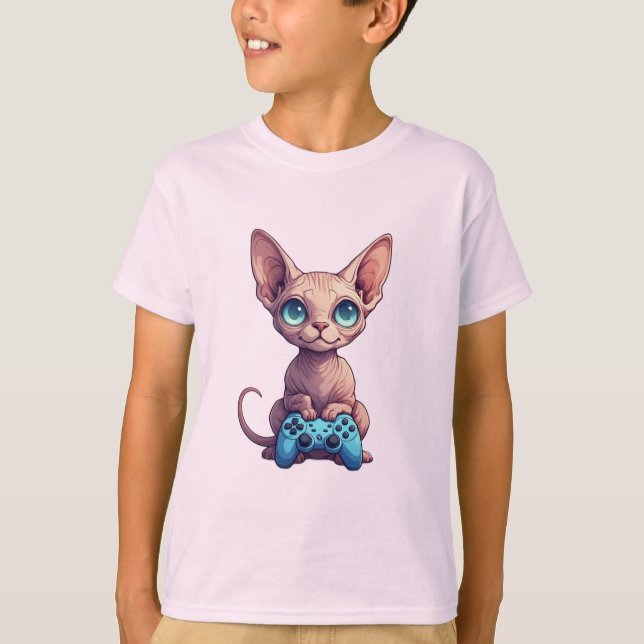 Sphynx Cat Holding Game Controller T-Shirt (Front)