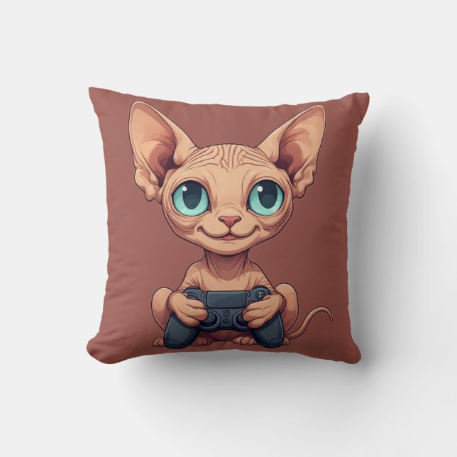 Sphynx Cat Holding Game Controller Throw Pillow (Front)
