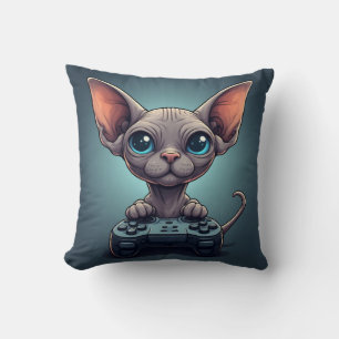 Sphynx Cat Holding Game Controller Throw Pillow