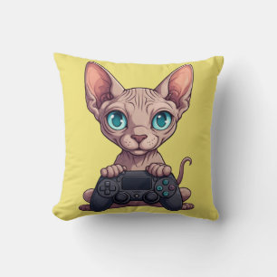 Sphynx Cat Holding Game Controller Throw Pillow