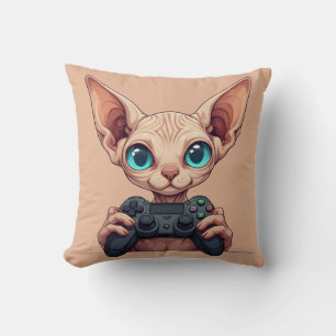 Sphynx Cat Holding Game Controller Throw Pillow