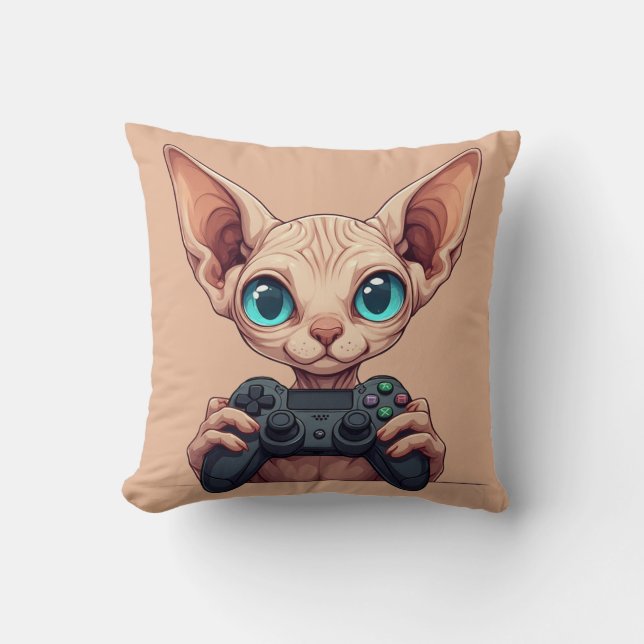 Sphynx Cat Holding Game Controller Throw Pillow (Front)