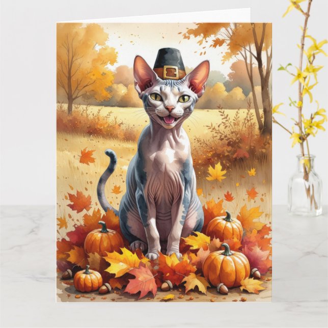 Sphynx Cat  In Autumn Leaves Thanksgiving Art Card (Yellow Flower)