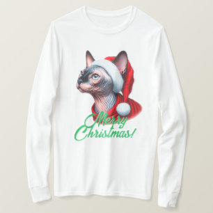 Sphynx Cat in Santa Hat Christmas T-Shirt