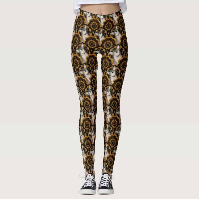 Sphynx Cat Ninja black and gold Mod Flower Leggings (Front)