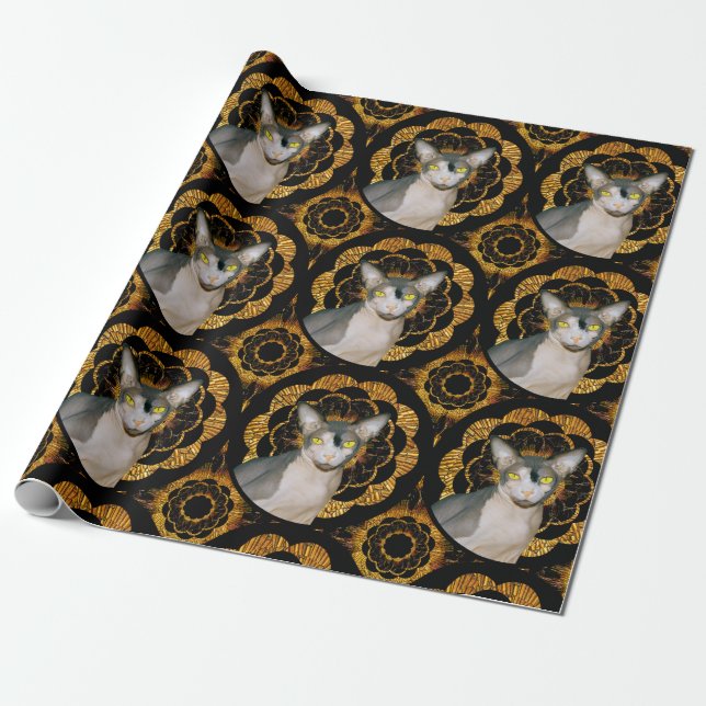 Sphynx Cat Ninja Black and Gold Retro Style Wrapping Paper (Unrolled)