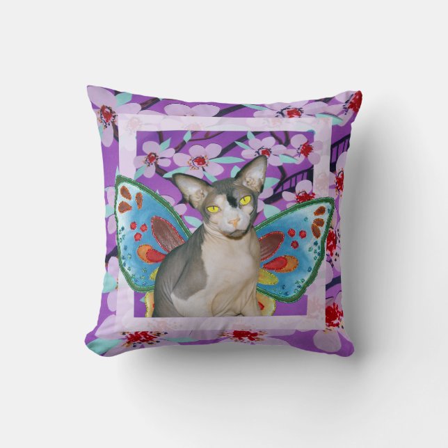 Sphynx Cat Ninja Fairy Purple Flower Throw Pillow (Front)