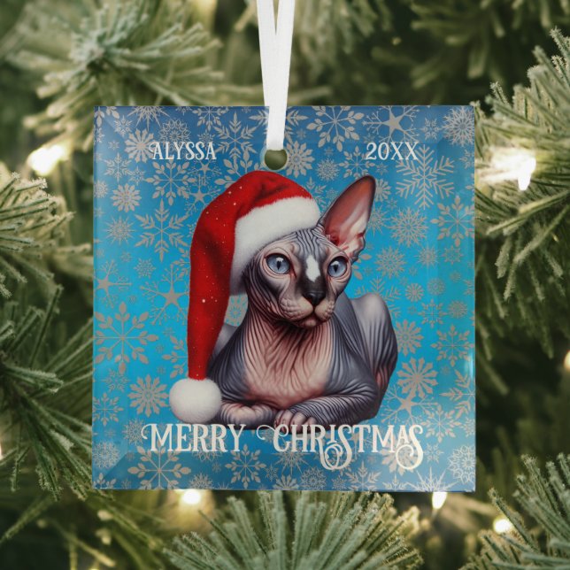 Sphynx Cat Pretty Blue Christmas Glass Ornament (Insitu)