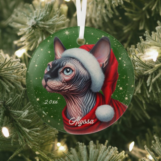 Sphynx Cat Pretty Green Christmas Glass Ornament (Insitu)