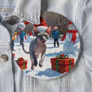 Sphynx Cat Running in Snow with Christmas Hat 6 Inch Round Button