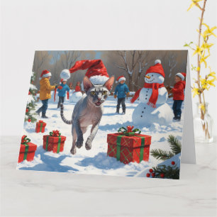 Sphynx Cat Running in Snow with Christmas Hat Card