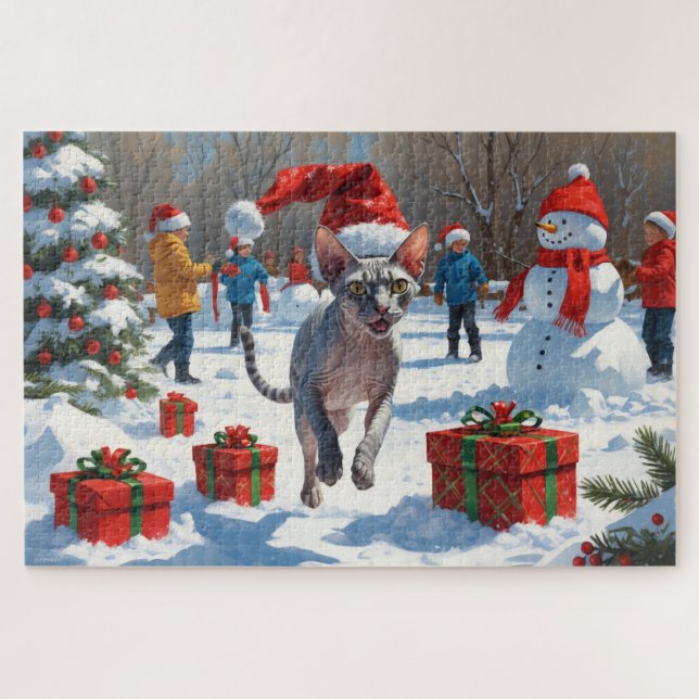 Sphynx Cat Running in Snow with Christmas Hat Jigsaw Puzzle (Horizontal)