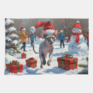 Sphynx Cat Running in Snow with Christmas Hat Kitchen Towel