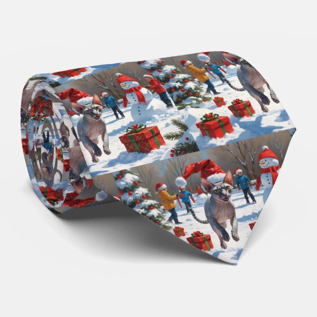 Sphynx Cat Running in Snow with Christmas Hat Tie (Rolled)