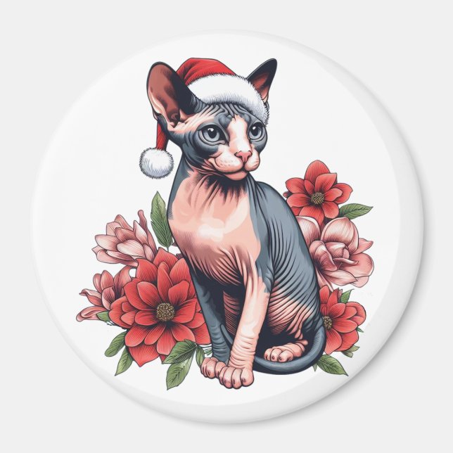 Sphynx Cat Santa Hat Christmas Magnet (Front)