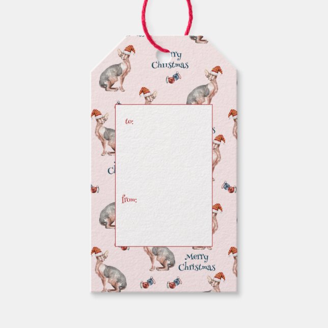 Sphynx Cat Santa Hat Pink Christmas Gift Tag (Front)