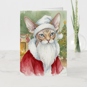 Sphynx Cat Santa Watercolor Art Vintage Christmas Foil Greeting Card