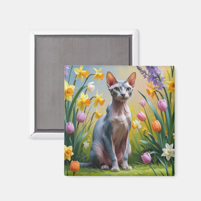 Sphynx Cat Spring Flowers Painting Magnet (Front/Back)