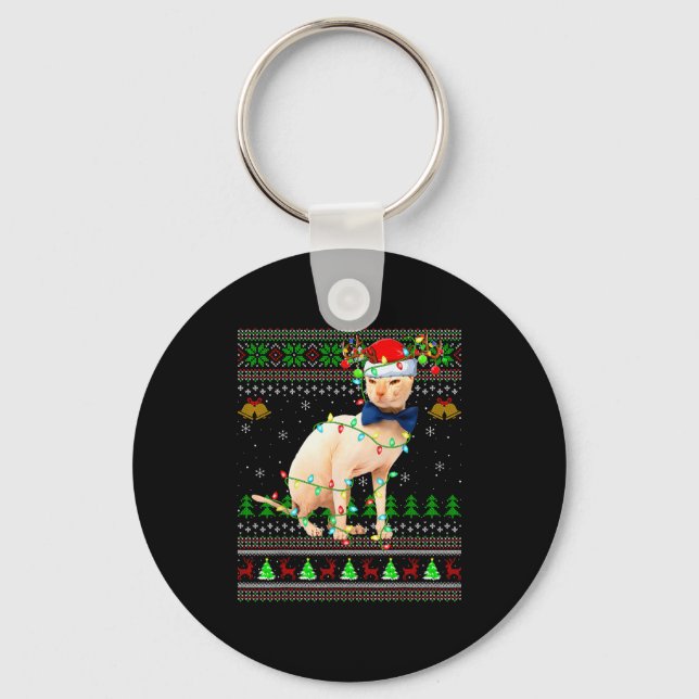 Sphynx Cat Ugly Christmas Sweaters Holiday Santa C Keychain (Front)