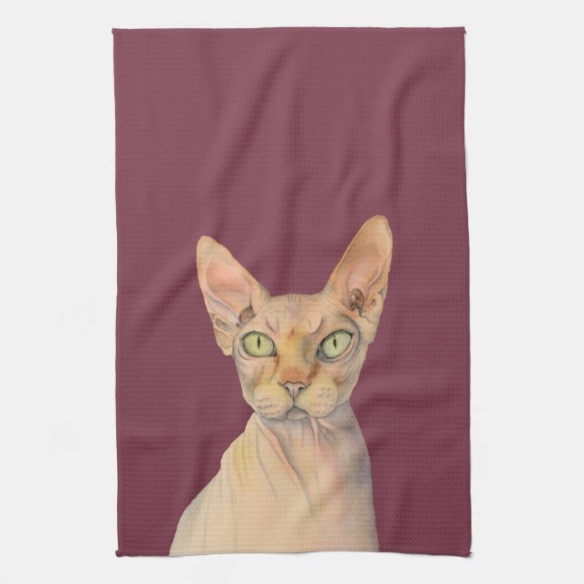 Sphynx Cat Watercolor Portrait Kitchen Towel (Vertical)