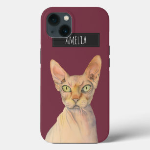 Sphynx Cat Watercolor Portrait with Name iPhone 13 Case