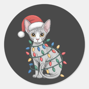 Sphynx Cat Wearing a Santa Hat and Wrapped in Xmas Classic Round Sticker