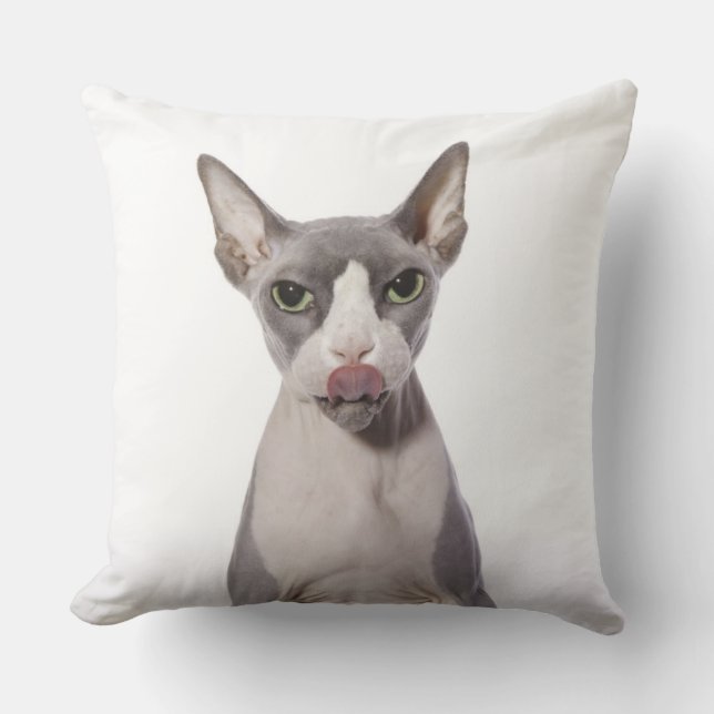 Sphynx Cat with tongue out Throw Pillow (Front)
