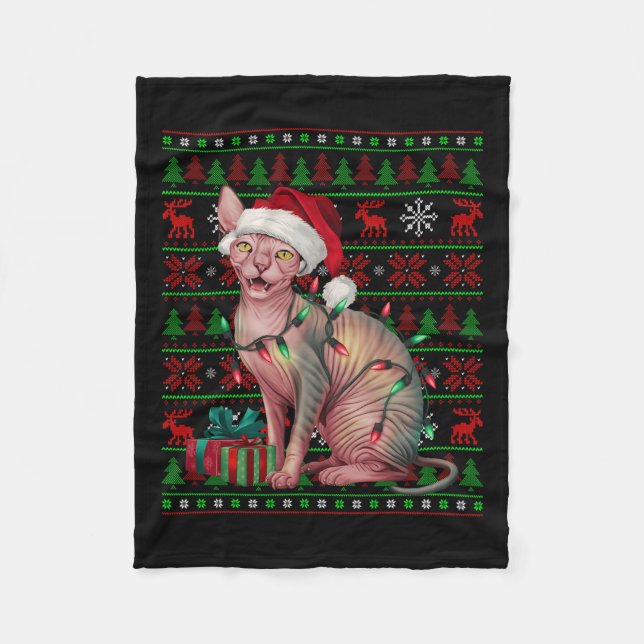 Sphynx Cat Xmas Lights Ugly Santa Hat Sphynx Cat C Fleece Blanket (Front)