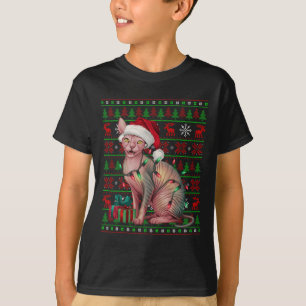 Sphynx Cat Xmas Lights Ugly Santa Hat Sphynx Cat C T-Shirt