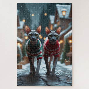 Sphynx Cats Christmas Snow Holiday Jigsaw Puzzle