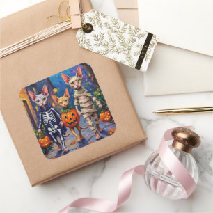 Sphynx Cats Trick-or-Treating in Halloween Costume Square Sticker